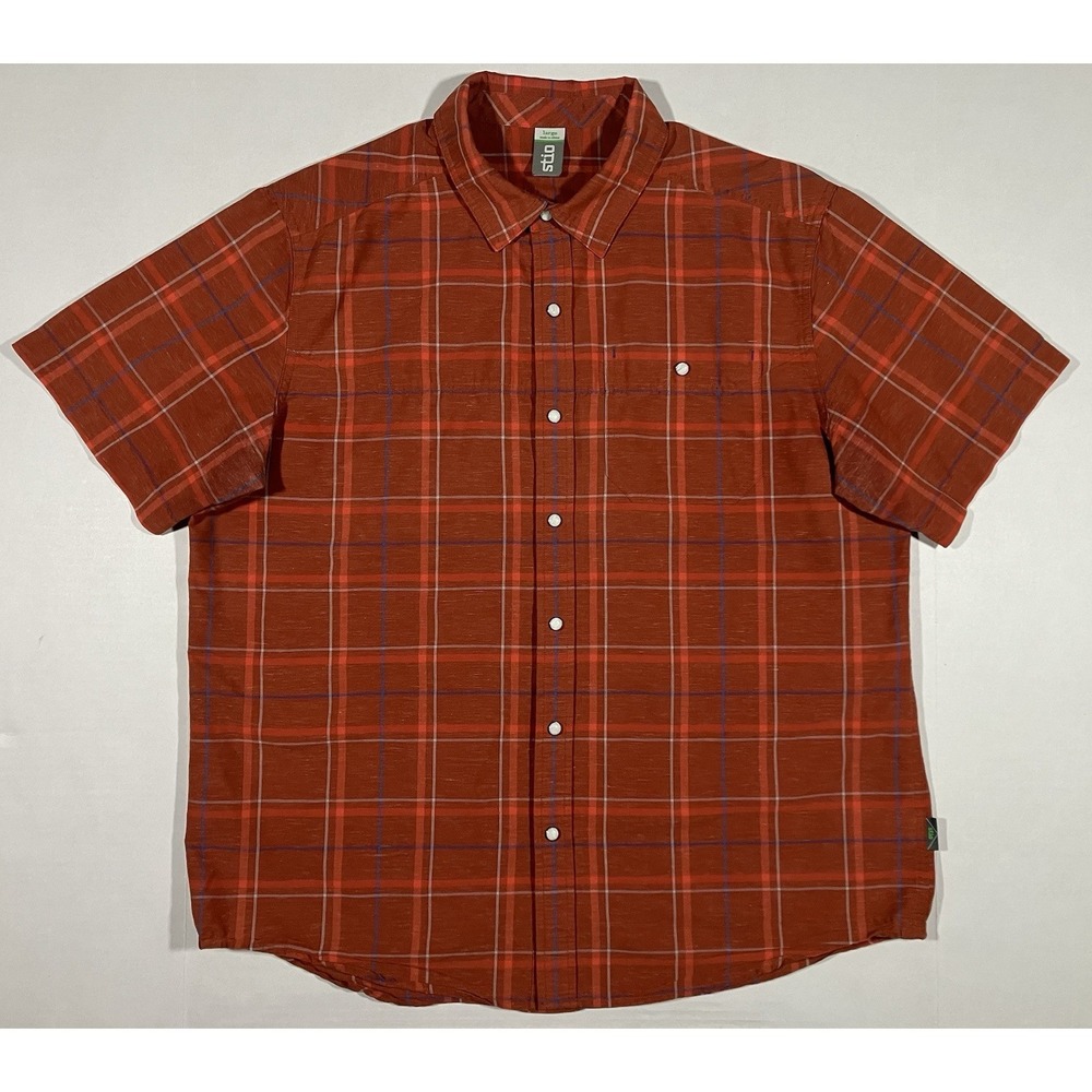 Stio Werner Pearl Snap Shirt Mens Large Plaid Short Sleeve Linen Orange Red
